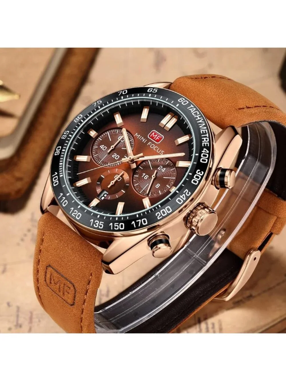 Men's Brown Golden Leather Band Multifunction Waterproof Luminous Wrist Watch